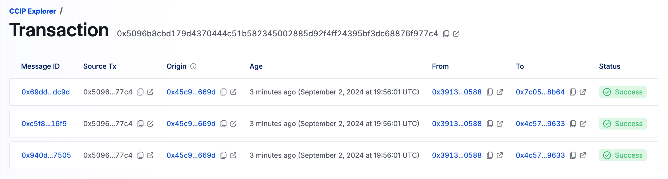 Chainlink CCIP Explorer - Transaction status success